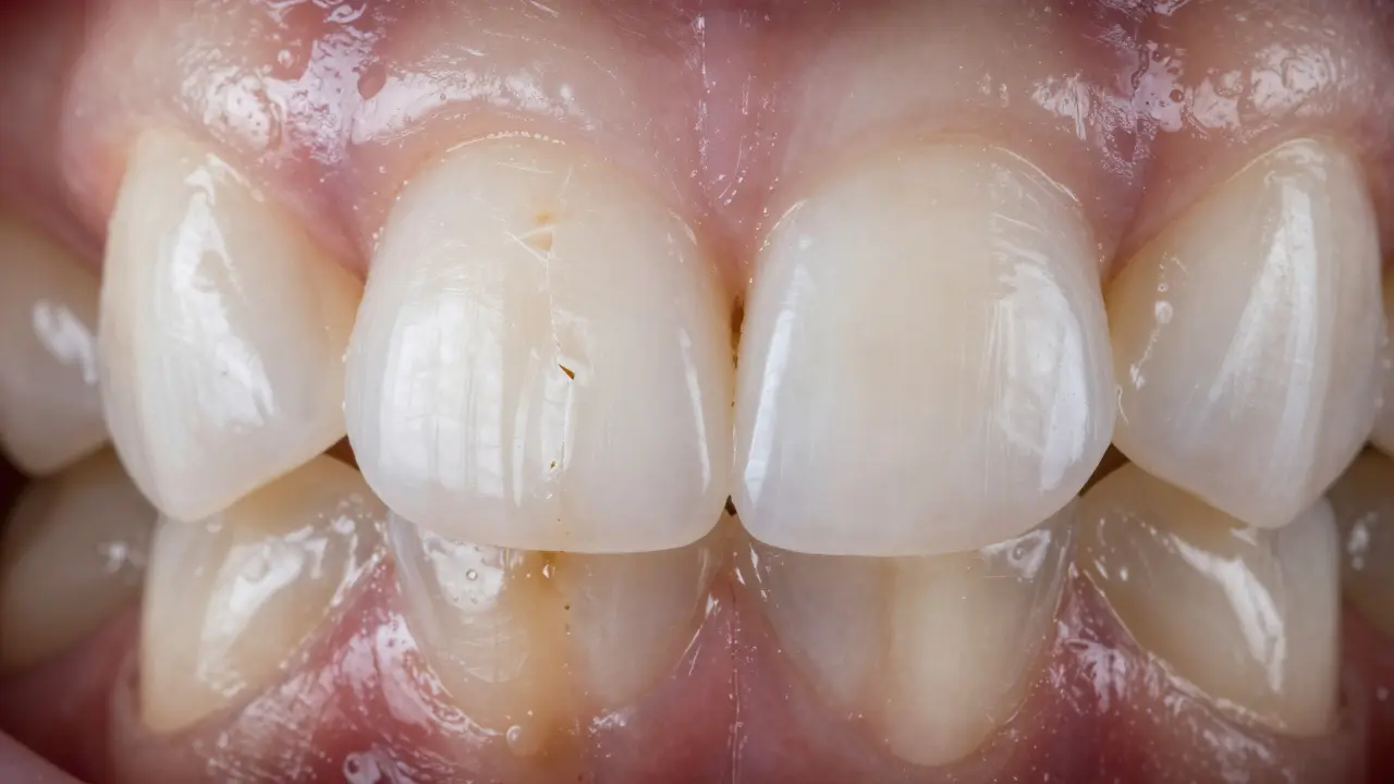 Side-by-side comparison of worn and new composite veneers on front teeth.