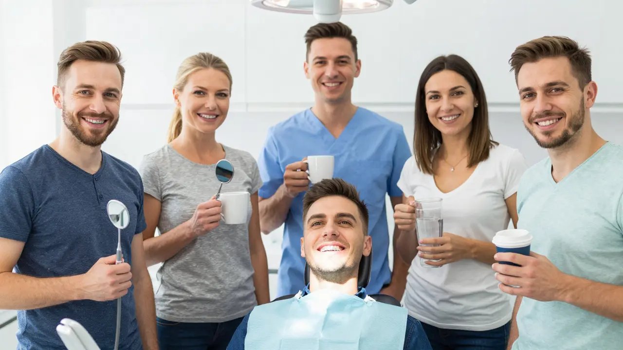 Smiling Czech adults after air polishing treatment, one holding a mirror to show clean teeth.