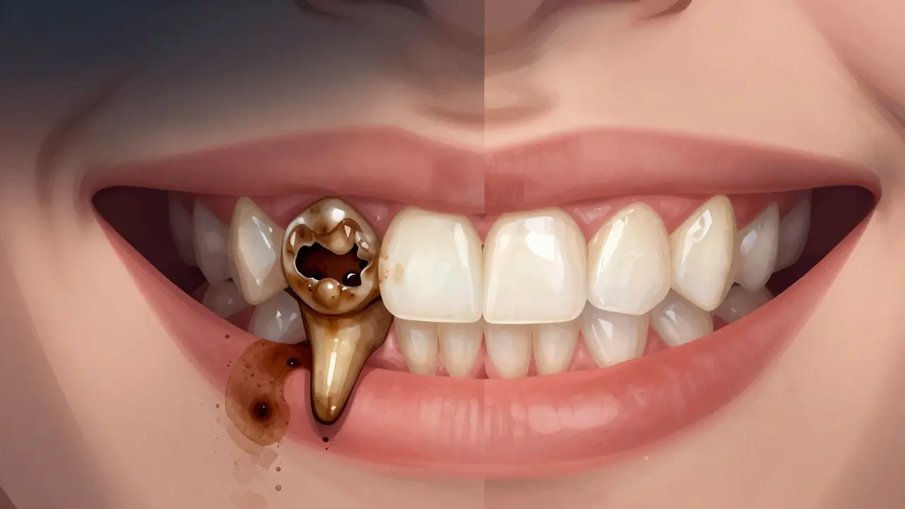 Split smile showing a decayed tooth transforming into a restored one with ceramic inlay.