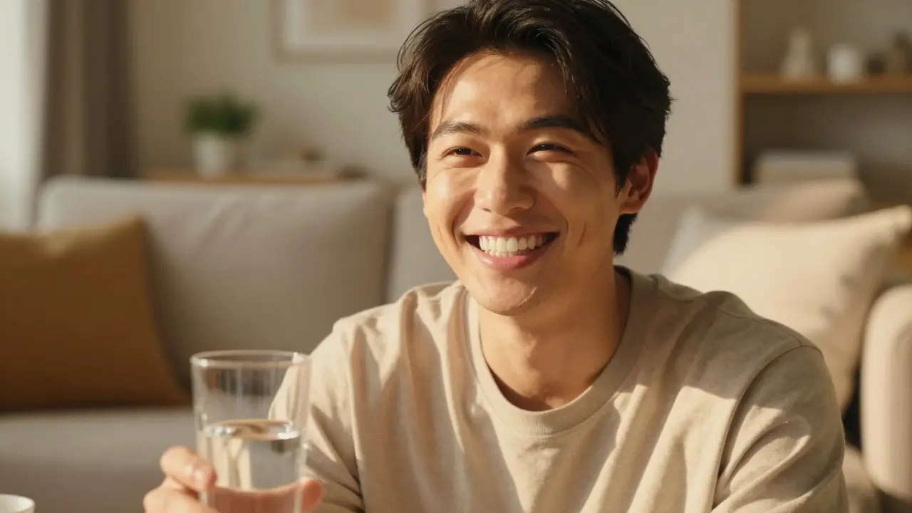 Šťastný člověk s bílými zuby a sklenicí vody pro hydrataci.