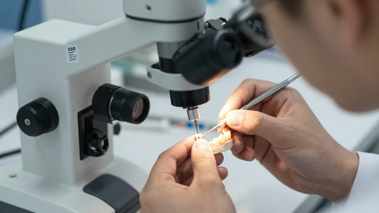 Technician crafting a custom porcelain veneer with layered ceramics under a microscope.