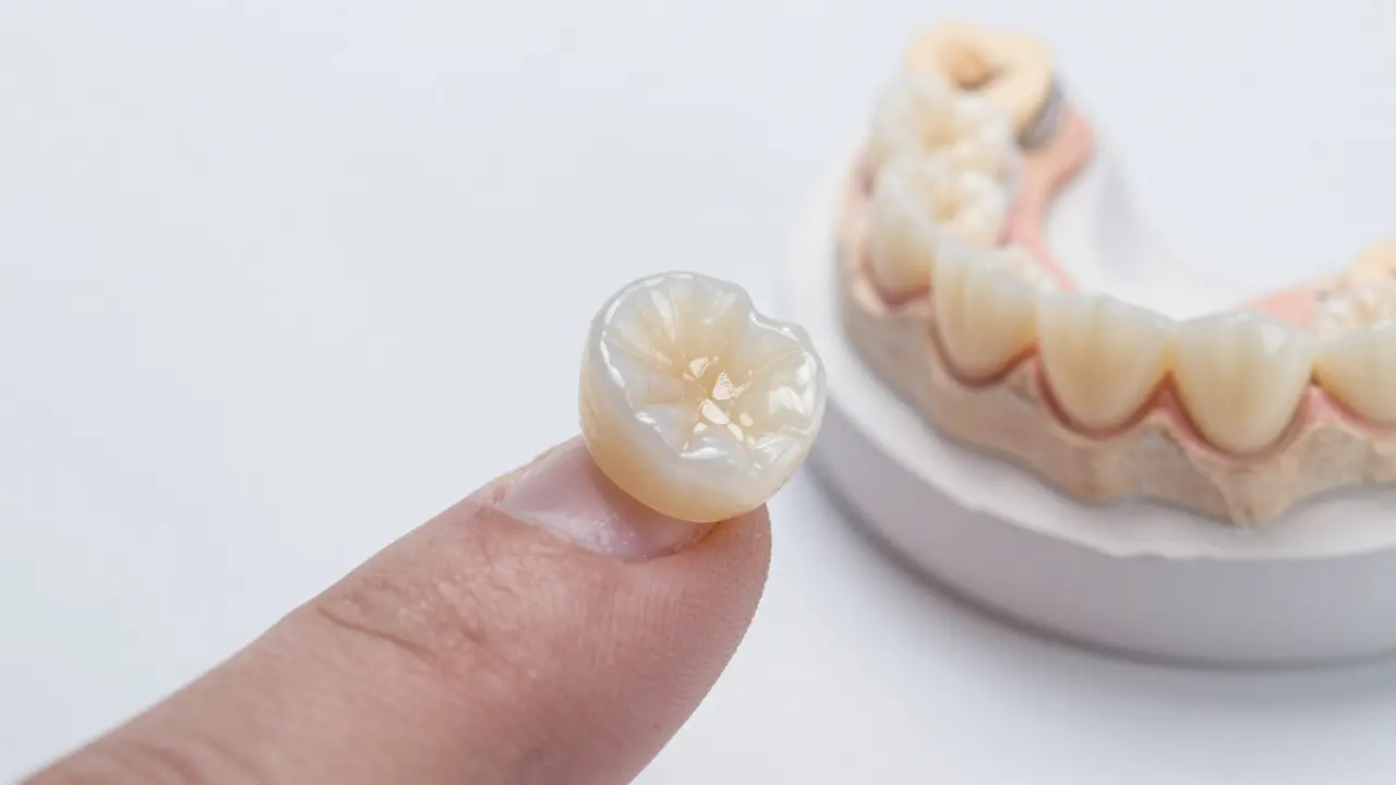 Tenká keramická destička na dentálním modelu ve laboratoři.