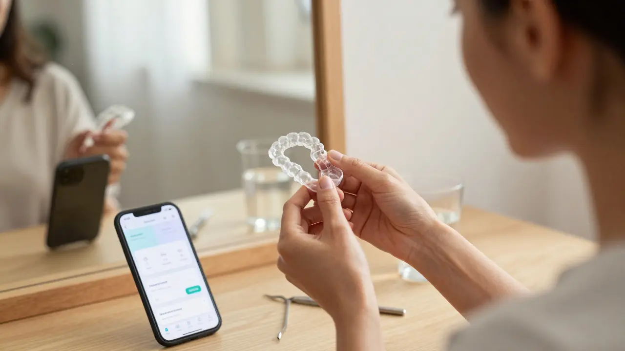 Woman holding a clear aligner in front of a mirror at home.