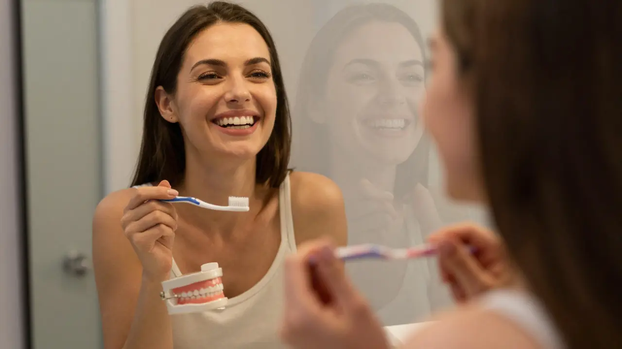 Woman smiling confidently in front of a mirror with new dental veneers.