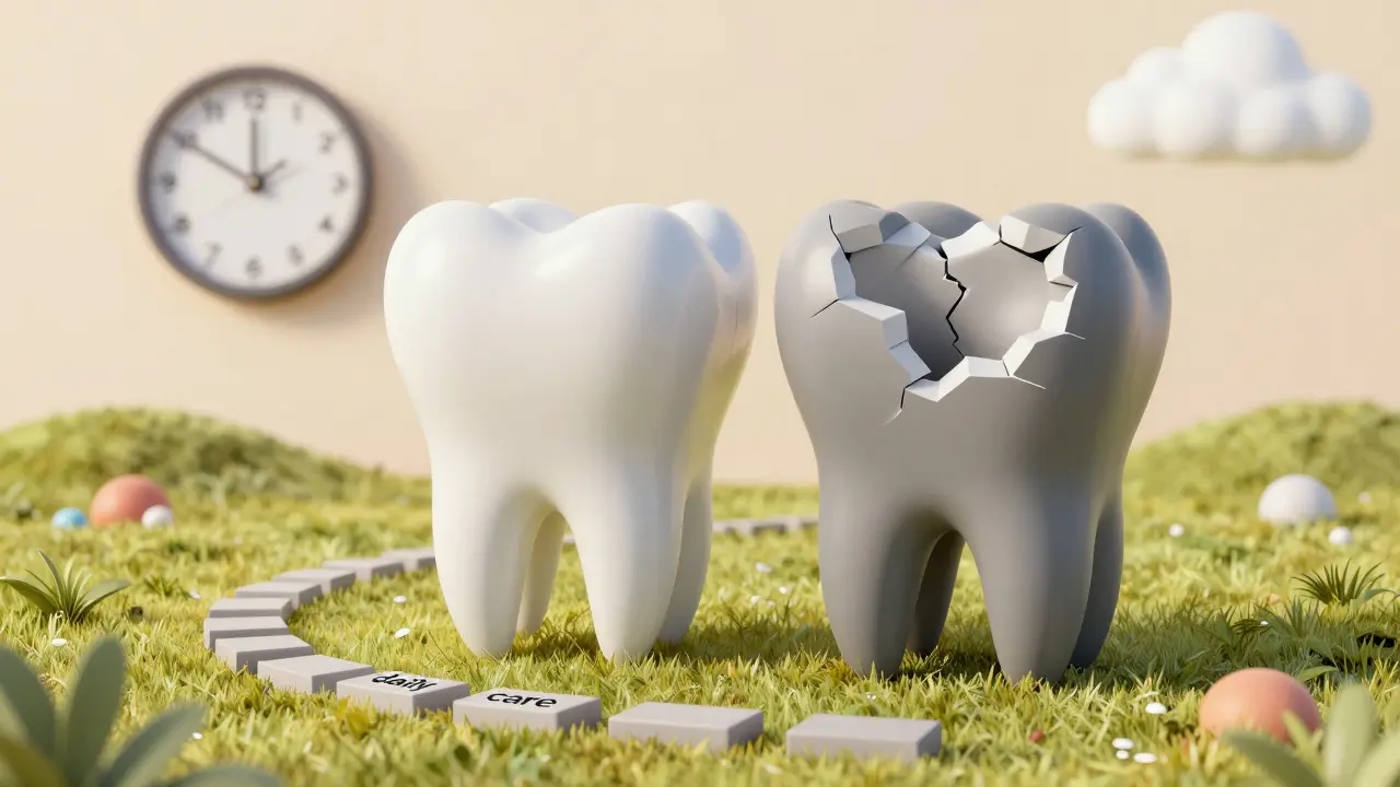 Zdravé zuby v porovnání s poškozeným zubem, s cestou denní péče vedoucí k zdraví a hodinami naznačujícími 14 dní.