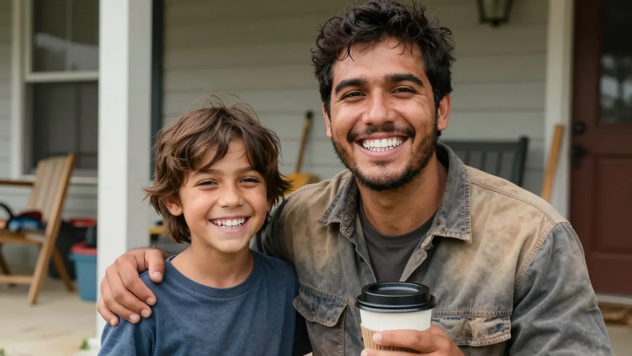 Zedník se směje se svým dítětem, jeho přirozeně vypadající zuby září v slunci.