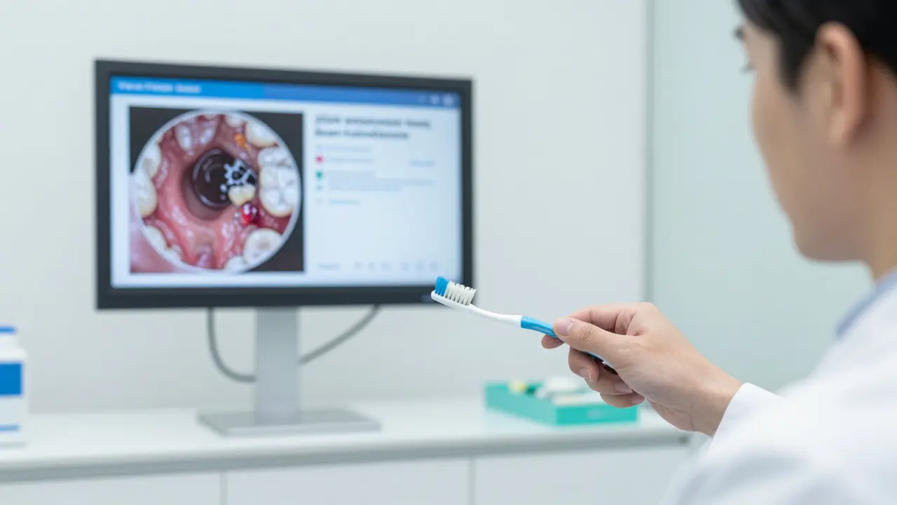 Zubní lékař ukazuje na mikroskopický pohled plaku a opotřebovaný zubní kartáček v klinice.