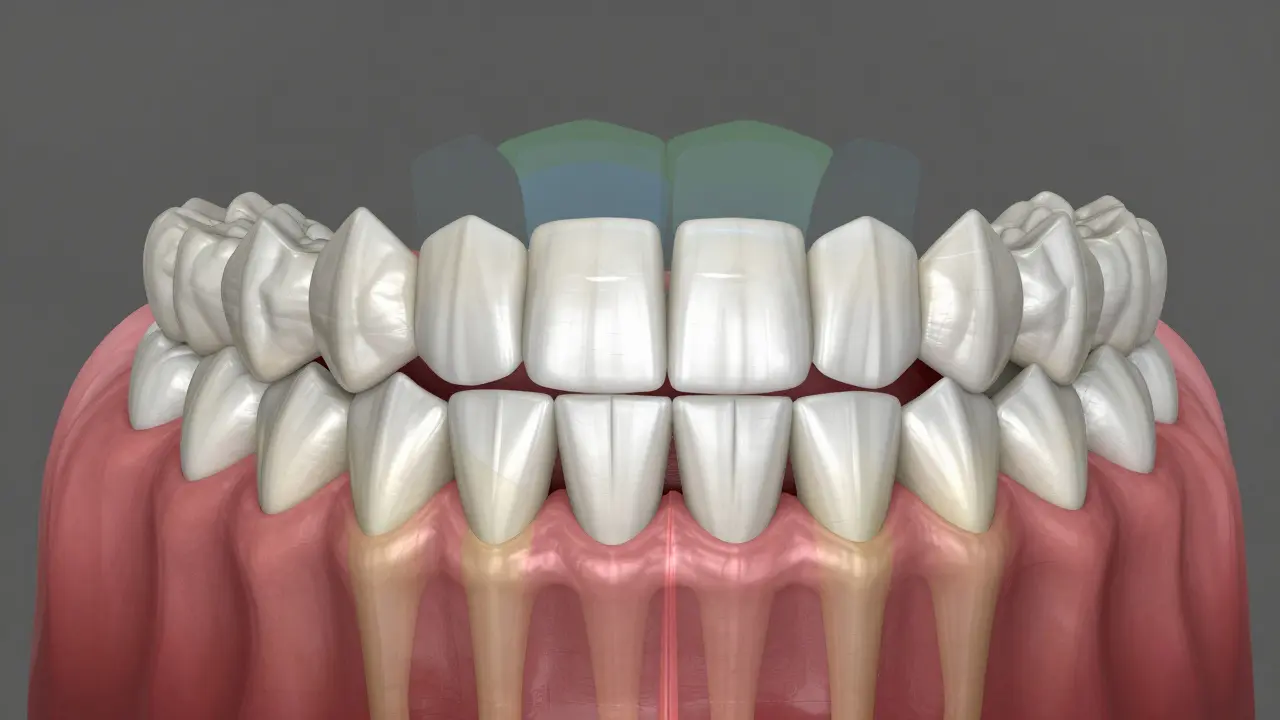 3D anatomický model lidského chrupu s barevným rozdělením na čtyři kvadranty systému FDI.