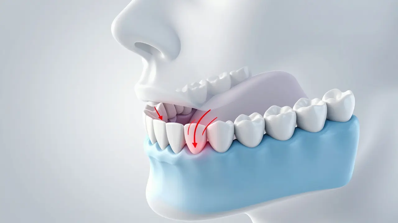 3D ilustrace znázornující mechanický tlak a stres na předních zubech při předkusu.