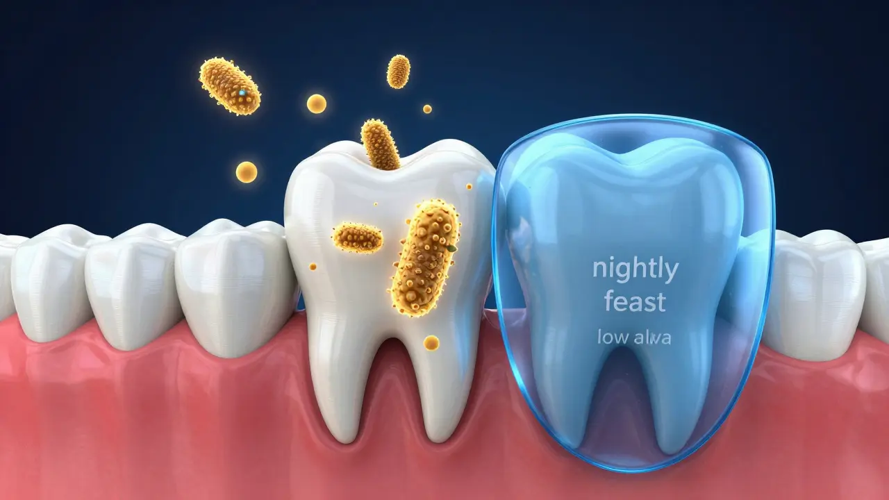 3D ilustrace zuba s ochranným štítem proti bakteriím a kyselinám.
