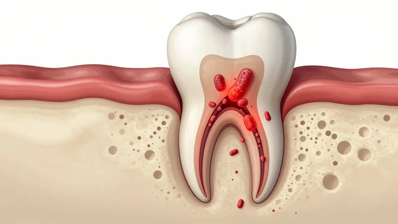 Anatomická ilustrace šíření infekce z kořene zubu do čelistní kosti.