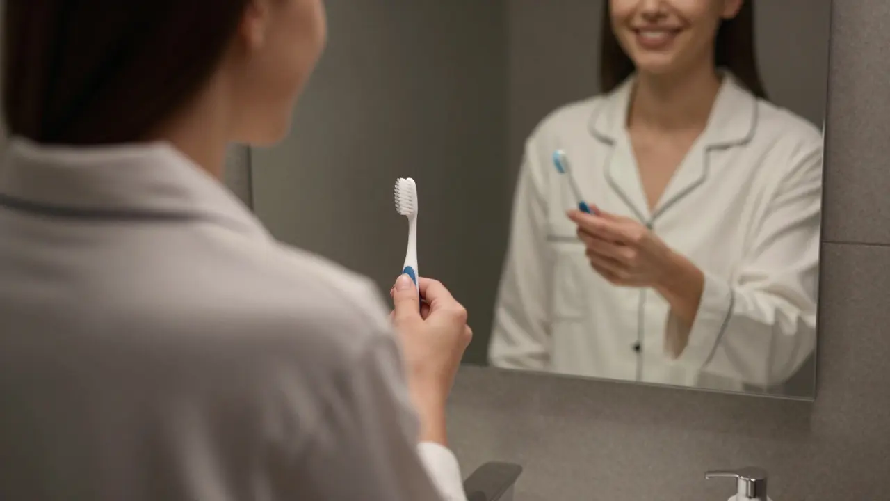 Člověk v pyžamu se usmívá do zrcadla po večerním čištění zubů.