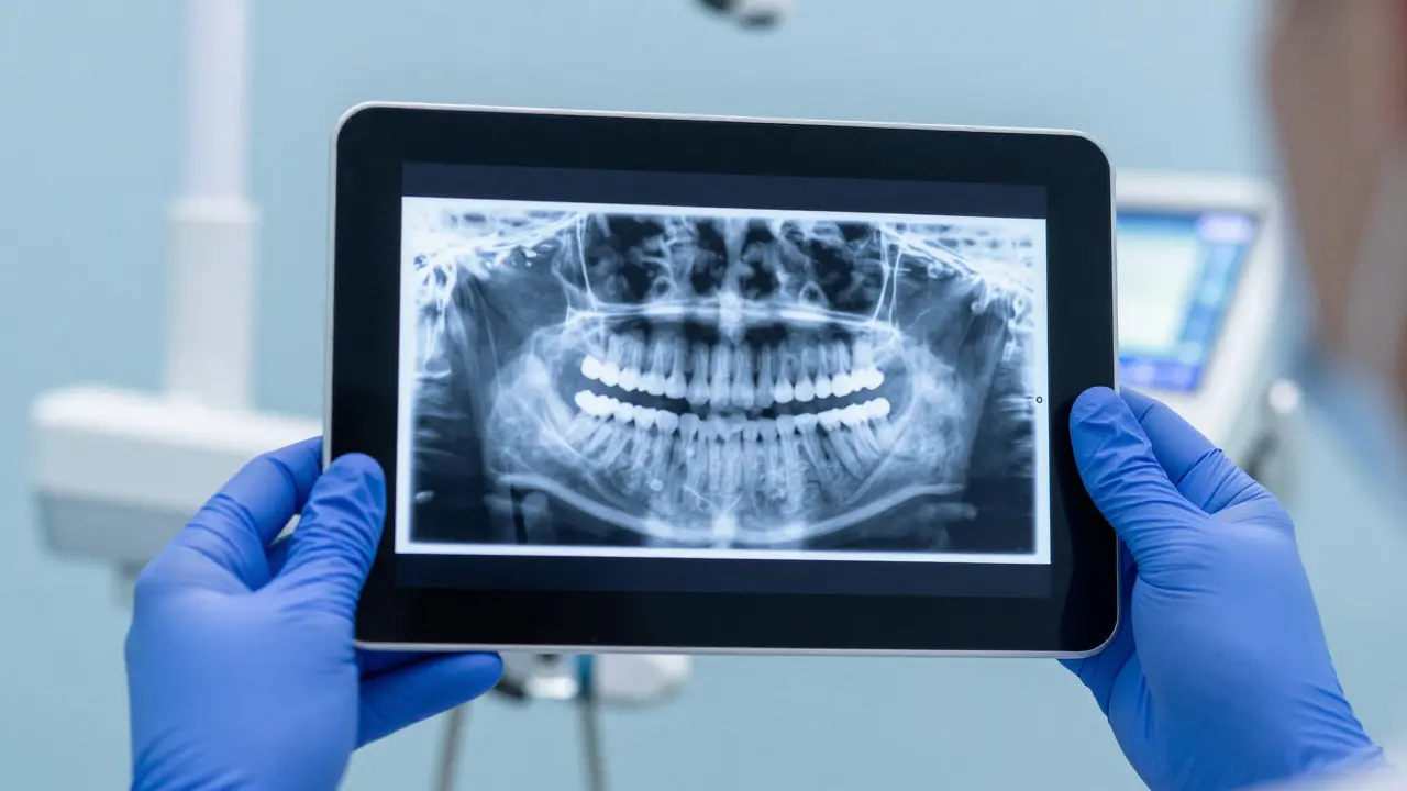 Detail digitálního rentgenu zubů zobrazující skrytý mezizubní kaz.