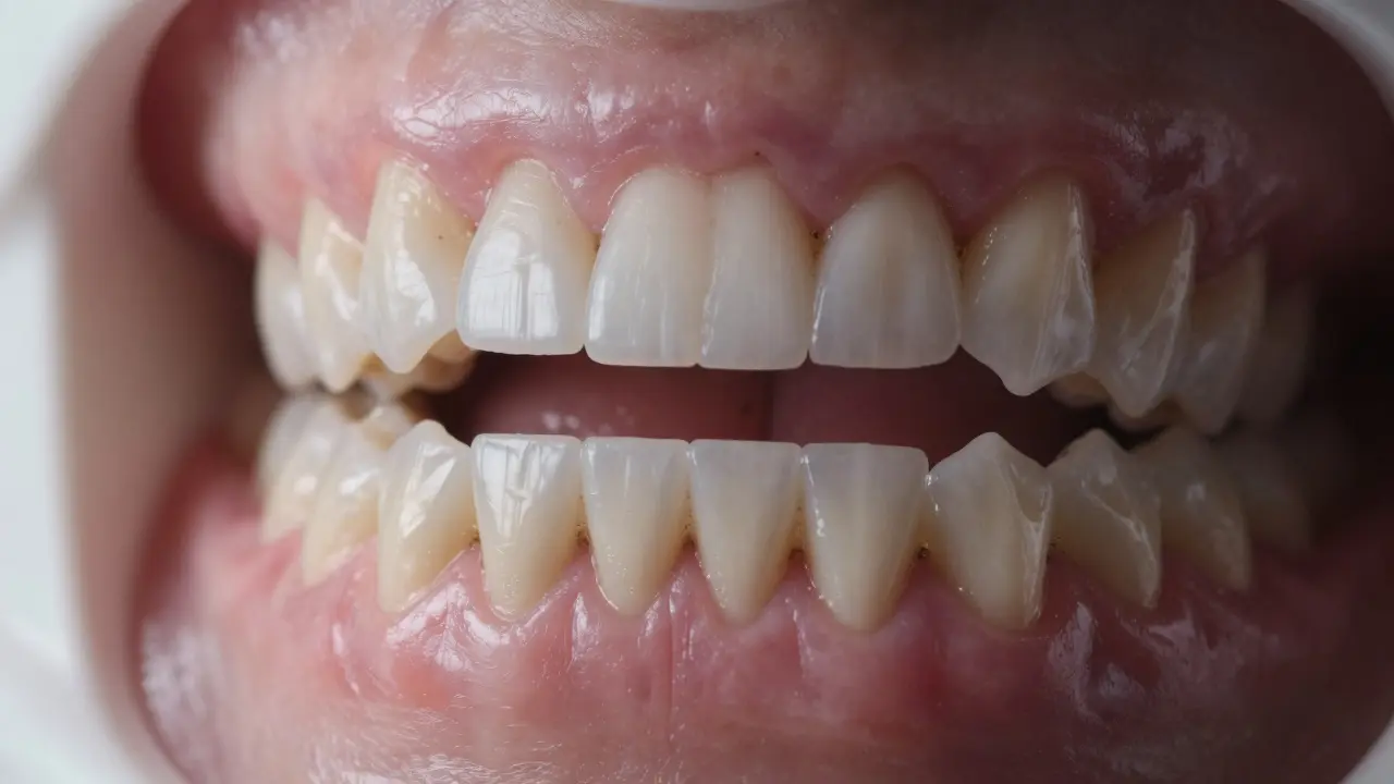 Detail překrývajících se zubů s hromaděním plaku v těžko dostupných místech.