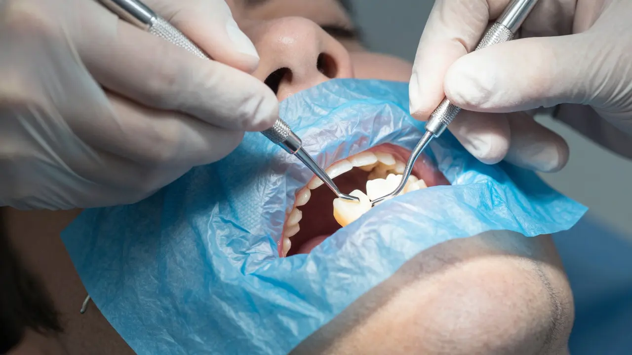 Detail zákroku kyretáže s použitím gumové plácačky a speciálního nástroje.