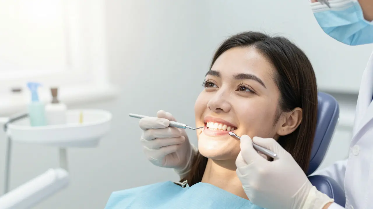 Detail zdravého úsměvu během preventivní zubní kontroly.