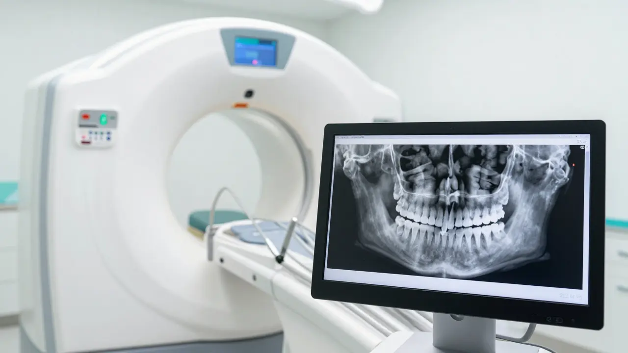 Diagnostický přístroj CBCT a 3D snímek čelisti s viditelným zánětem.