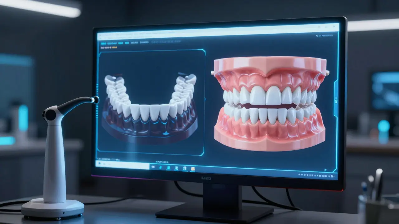 Digitální 3D model čelistí na monitoru v zubní klinice znázornující plán léčby.