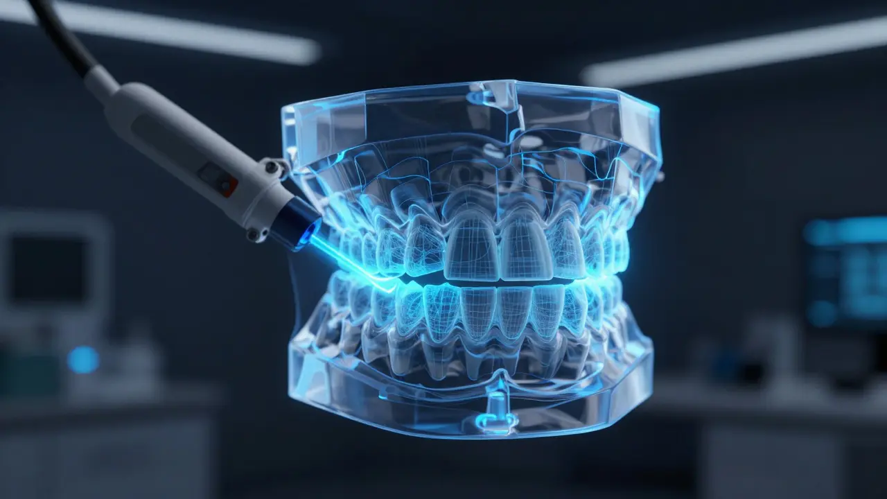 Digitální 3D model čelistí při plánování výroby faset.