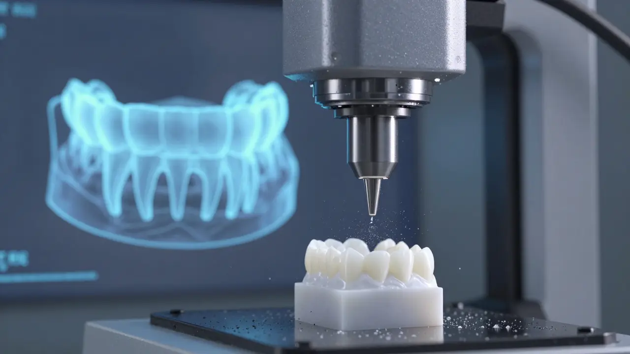 Digitální frézování zirkoniové korunky pomocí technologie CAD/CAM