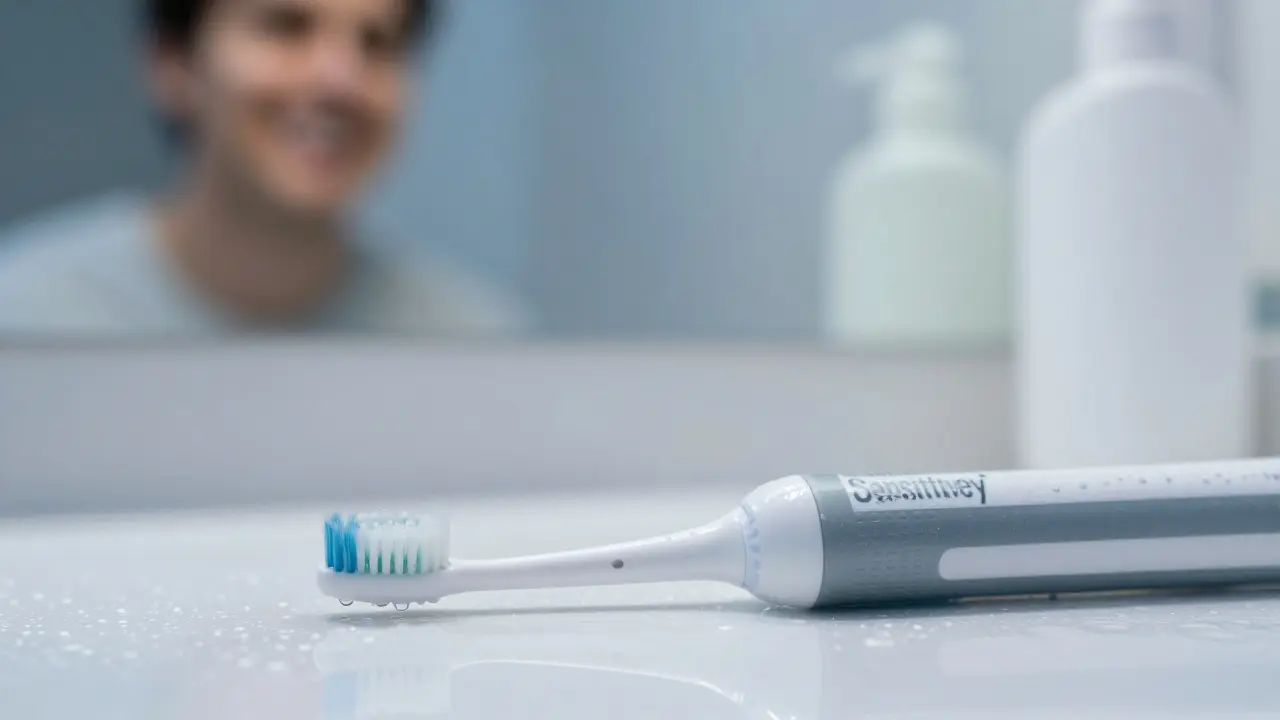 Elektrický kartáček a pasta pro citlivé zuby na čisté koupelnové poloce.