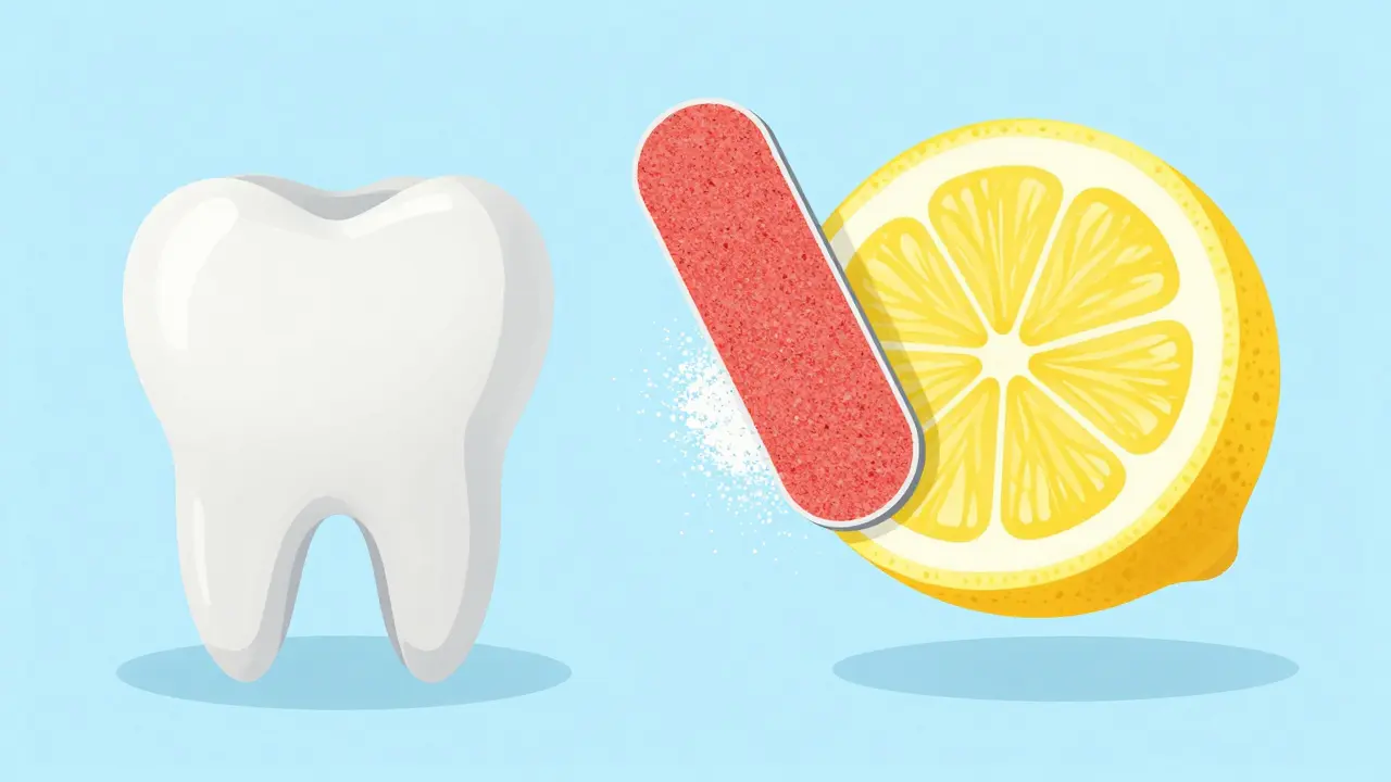 Ilustrace nebezpečí domácích receptů s jedlou sodou a citronem na zubech