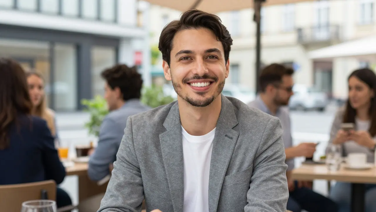 Kandidátní portrét šťastné osoby s přirozeně bílým a rovným úsměvem.