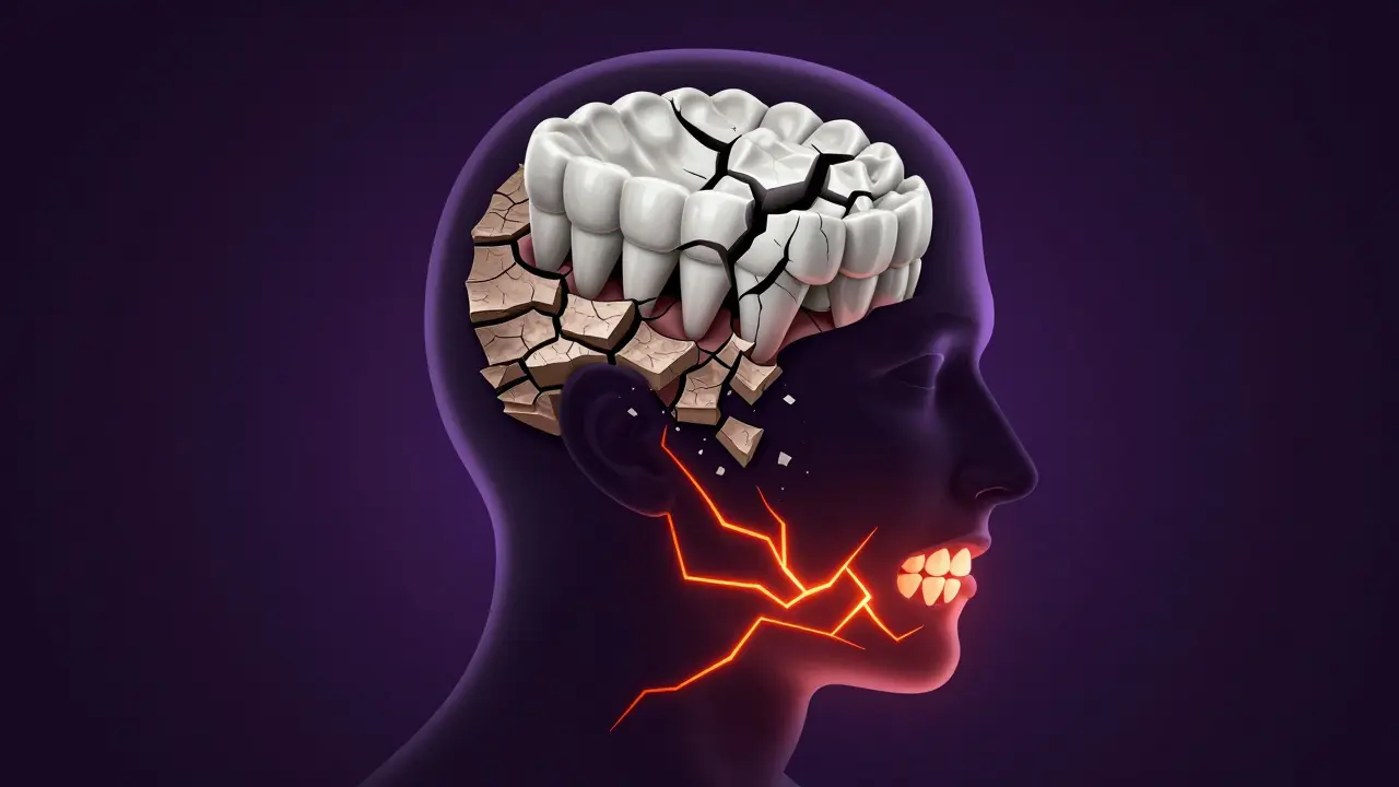 Konceptuální ilustrace napětí v čelistech a praskajících zubů jako symbol stresu.