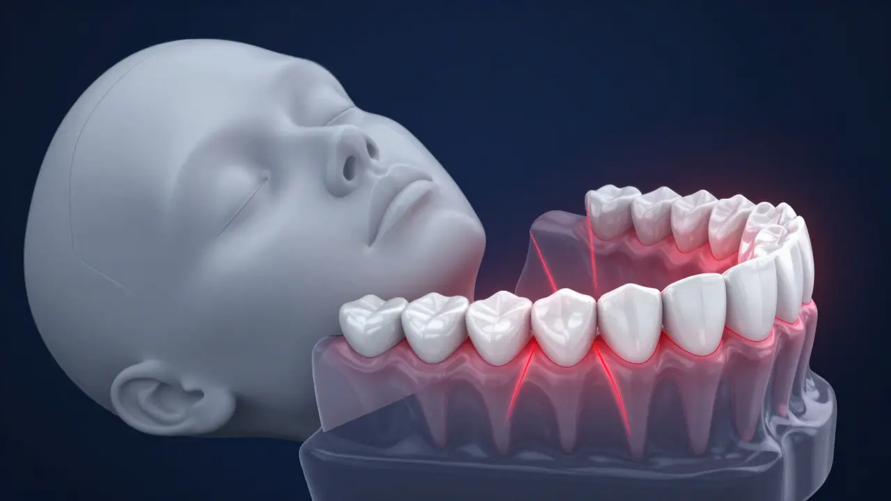 Konceptuální znázornění tlaku na zuby při nočním skřípání zubů.