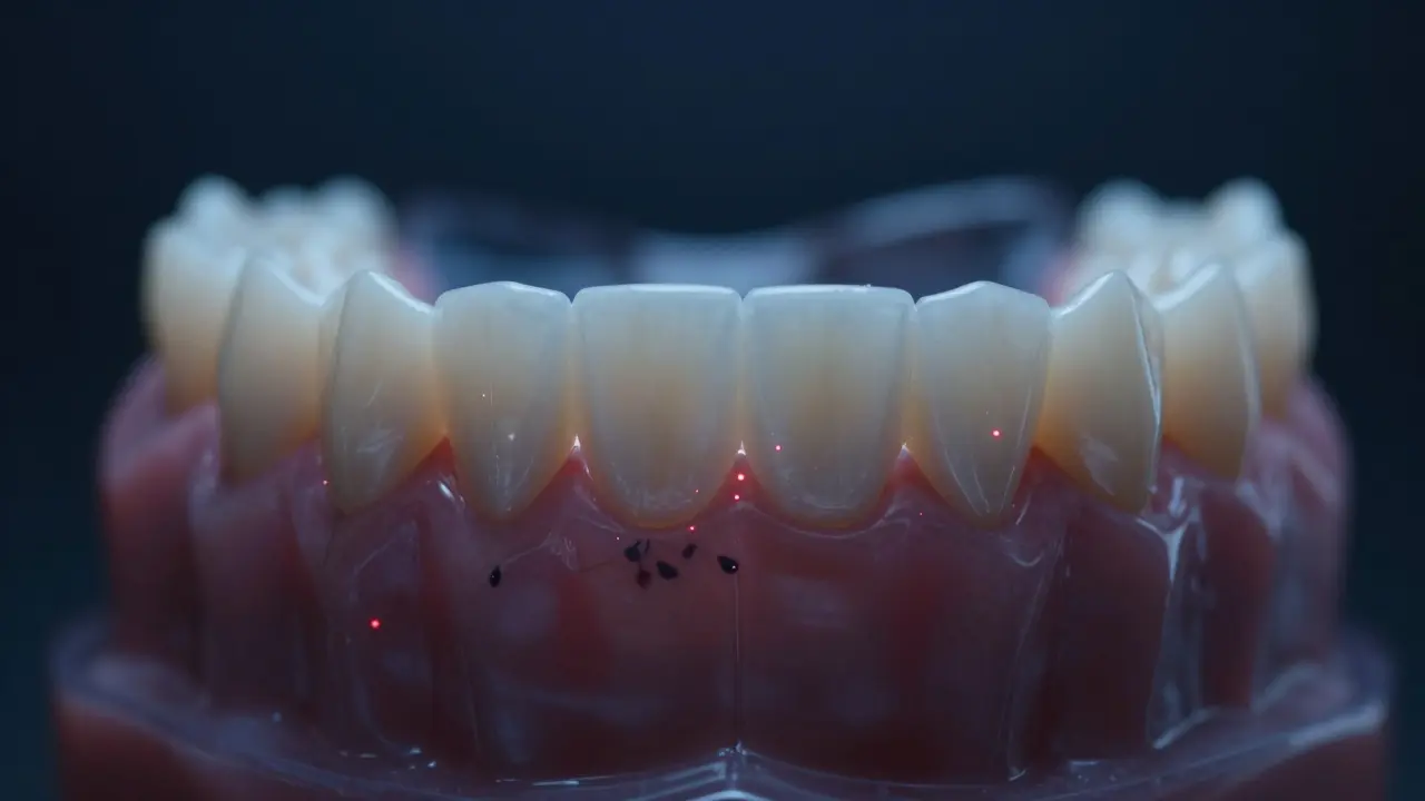 Konceptuální zobrazení hromadění bakterií a plaku pod nalepovacími zuby.