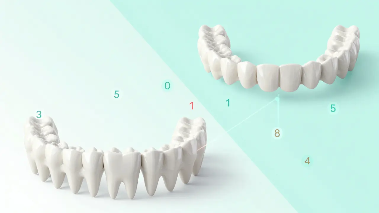 Konceptuální zobrazení rozdílu mezi mléčným a trvalým chrupem s doprovodnými kódy kvadrantů.