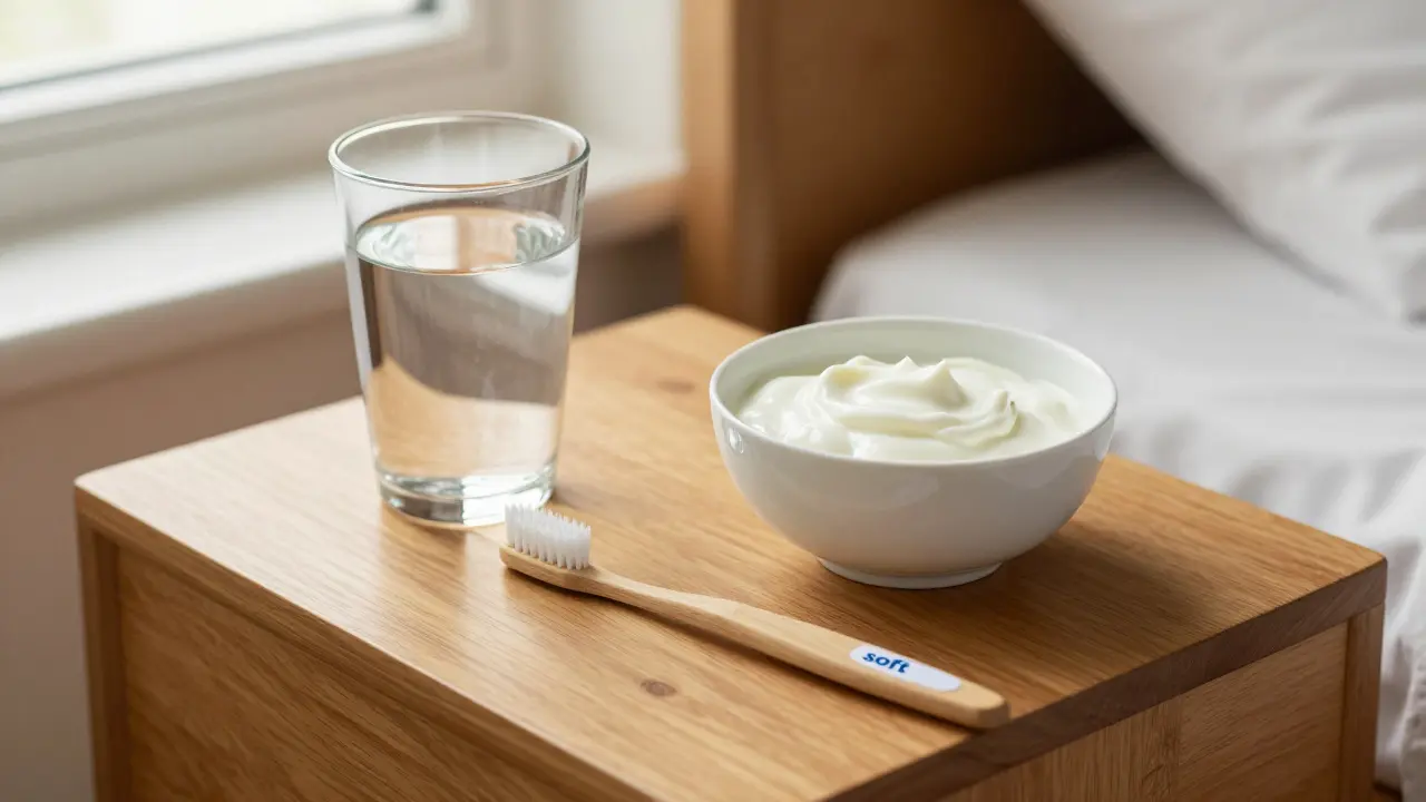 Měkký kartáček k zubům a jemné jídlo pro hojení po zákroku