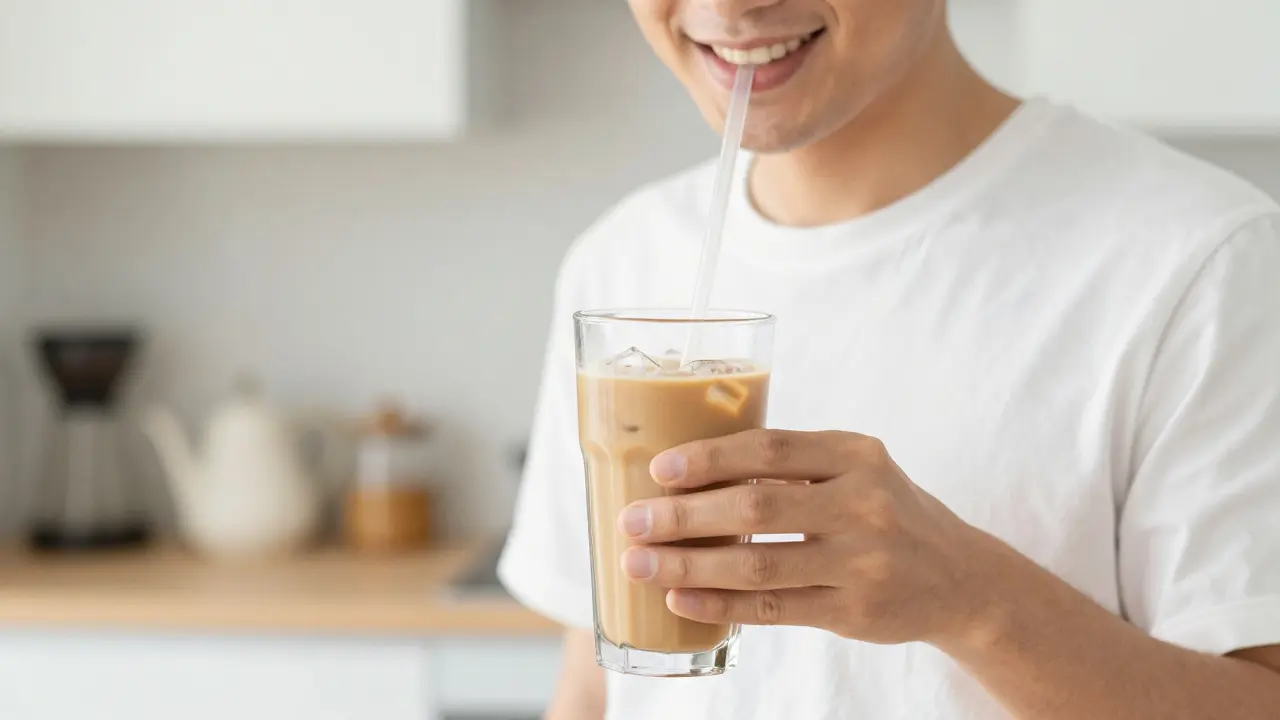 Osoba pije kávu durch brčálek pro ochranu bělení zubů.