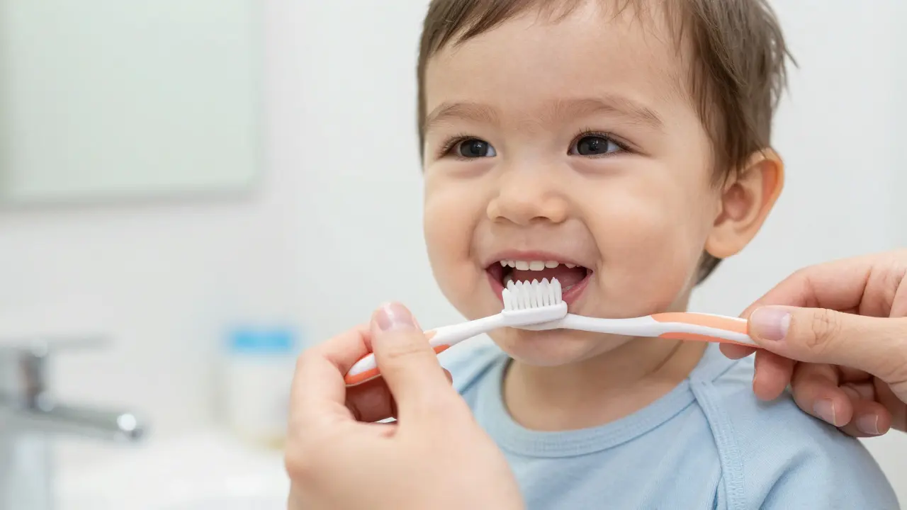 Rodič jemně čistí první vykléknuté zubíčky batolece v koupelně.