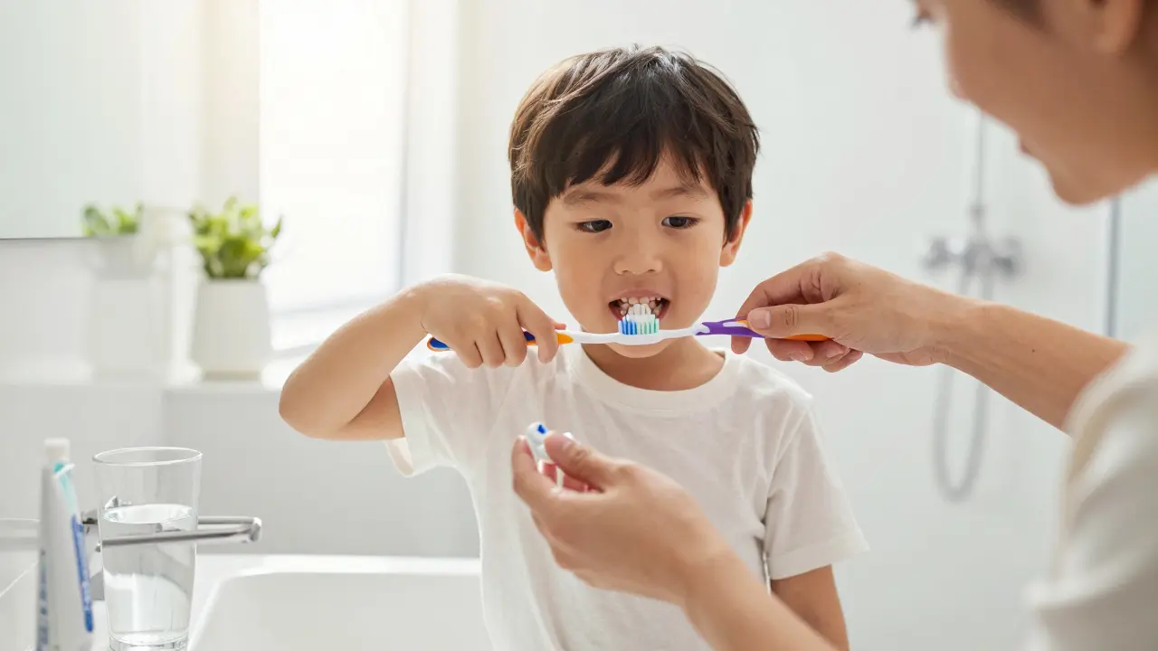 Rodič učí dítě správné technice čištění zubů v koupelně