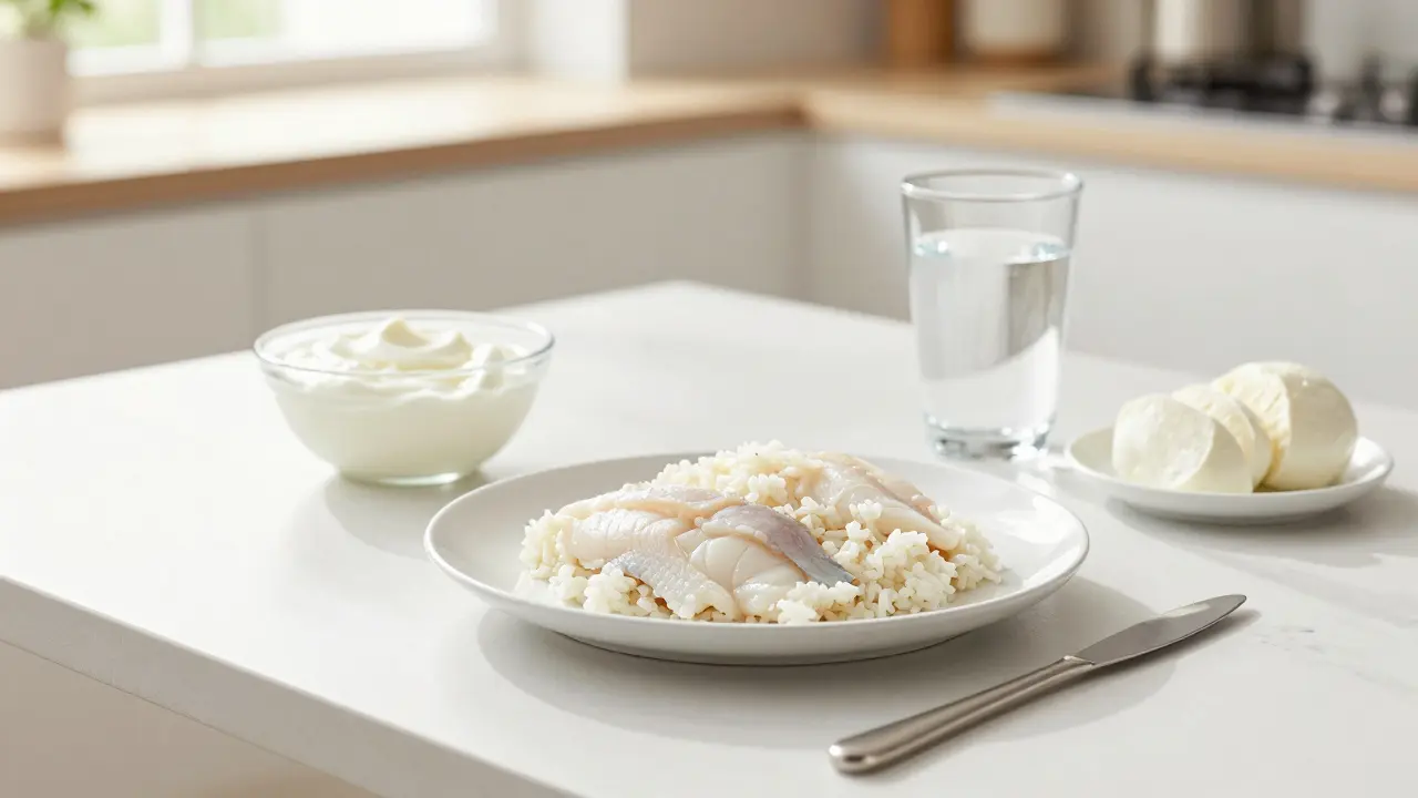 Sada bezpečných bílých potravin včetně rýže, ryby, jogurtu a vody v jasném světle.