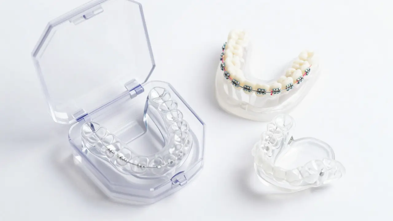 Sada ortodonckých pomůcek včetně průhledných alignerů a noční dlahy.