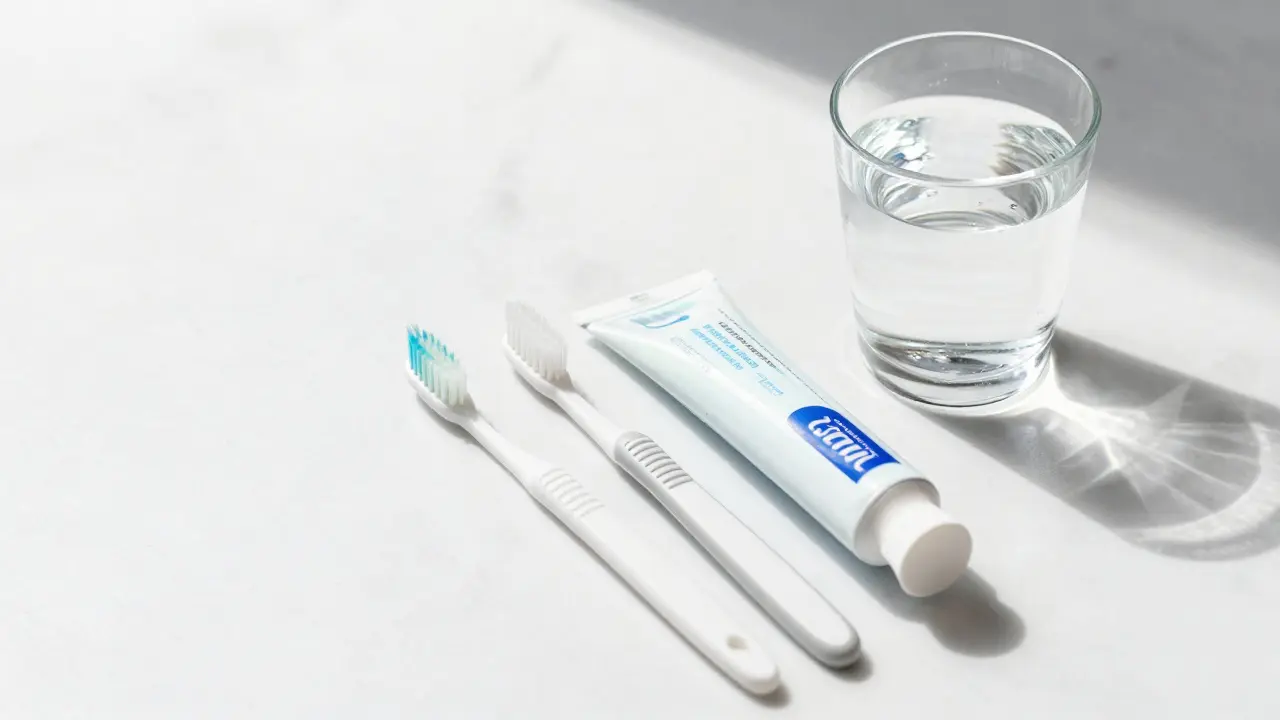 Sada pomůcek pro hygienickou péči o keramické zuby na mramorovém podkladu