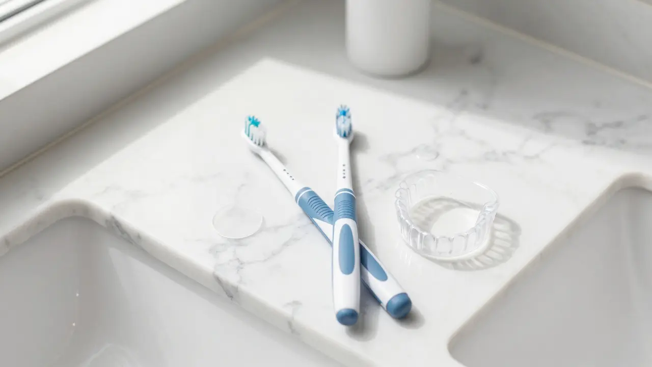 Sada pomůcek pro hygienu zubů včetně mezizubního kartáčku a chrániče.