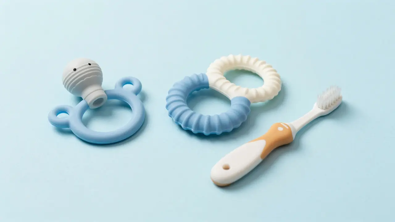 Sada pomůcek pro úlevu při růstu zubů, včetně kousátek a jemného kartáčku.