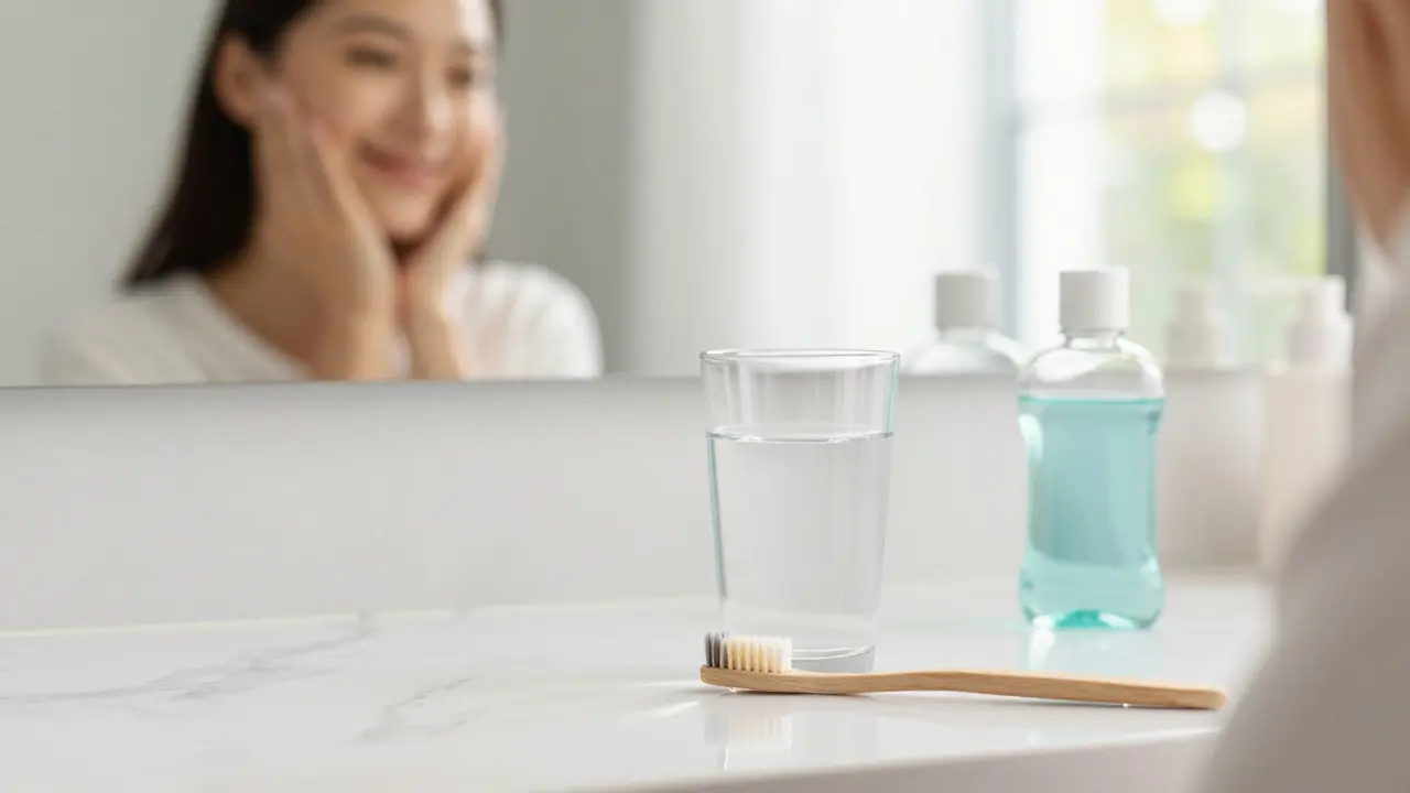 Sada pro domácí hygienu a péči o zuby po zubní zákroku na světlém pozadí.