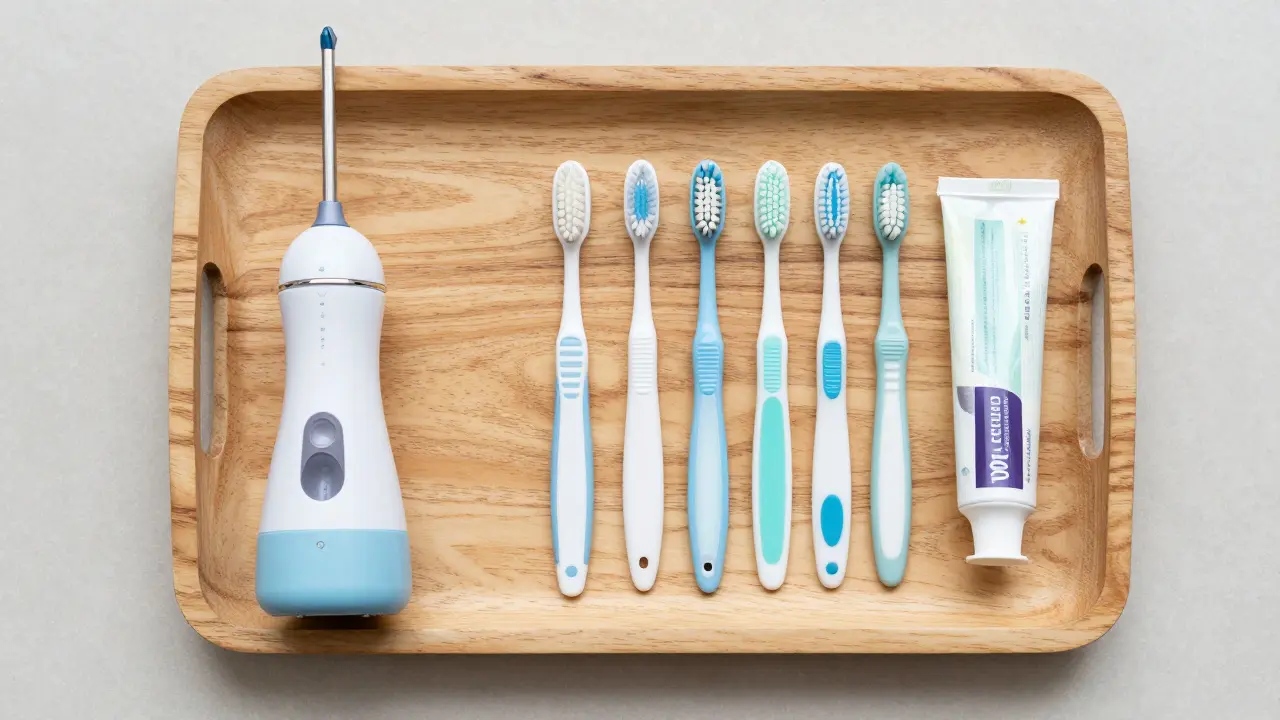 Sada pro ústní hygienu zahrnující ústní sprchu a mezizubní kartáčky.