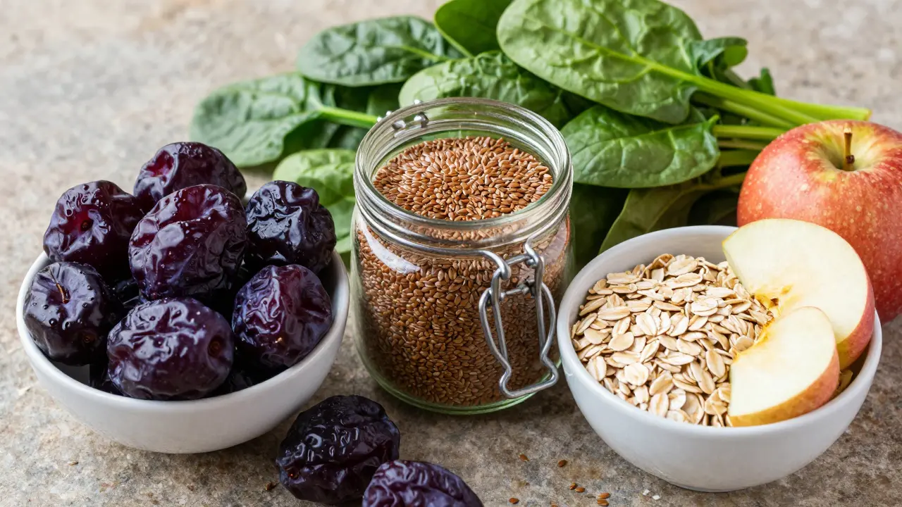 Sestava zdravých potravin včetně švestek, lněných semínek a špenátu.