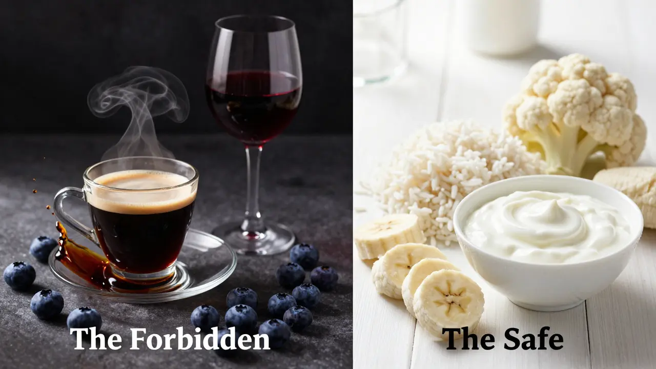 Srovnání tmavých rizikových potravin a bezpečných bílých potravin.