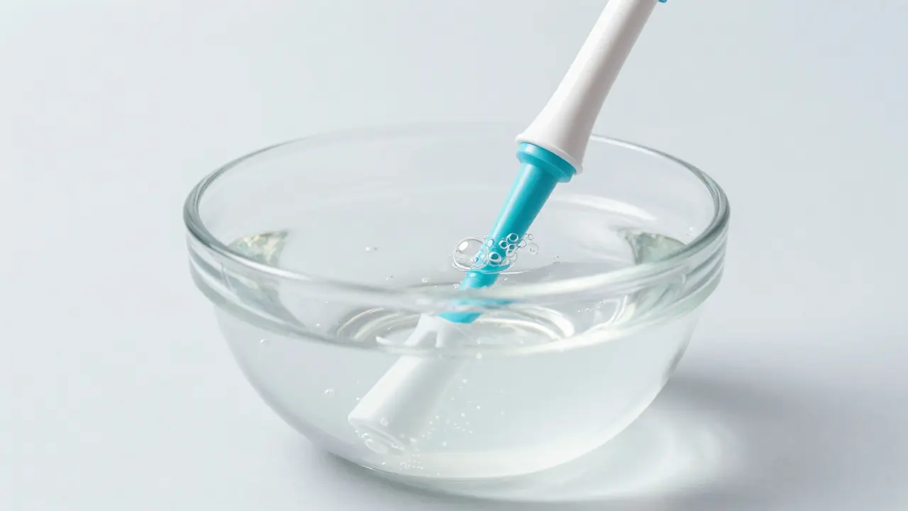 Tryska ústní sprchy namočená v roztoku z octa pro odstranění vodního kamene.