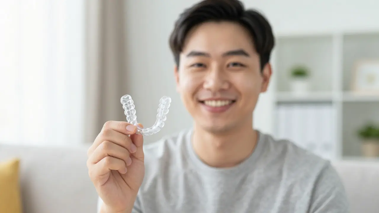Usmívající se osoba držící průhledný aligner pro narovnání zubů.