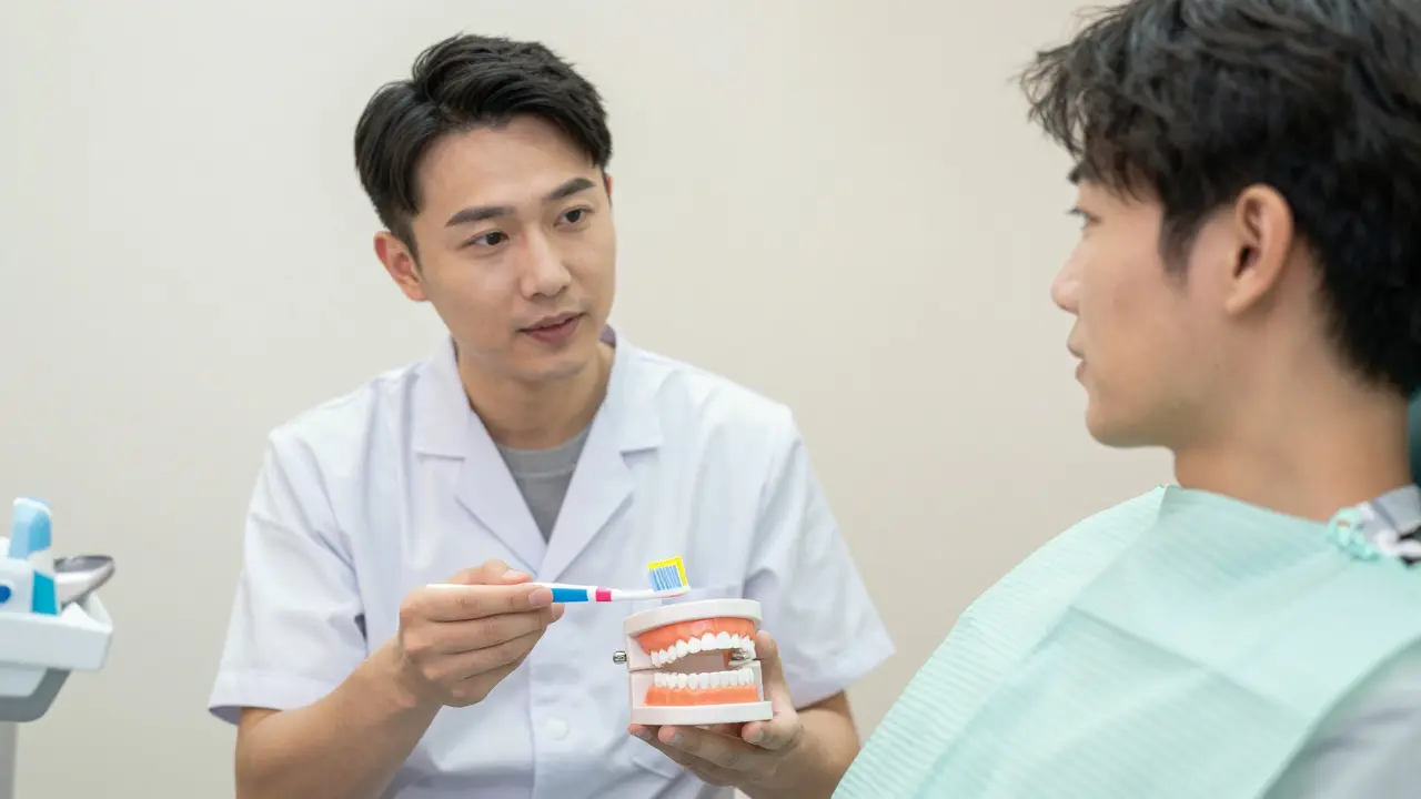 Zubní lékař ukazuje pacientovi správné použití mezizubního kartáčku na modelu.