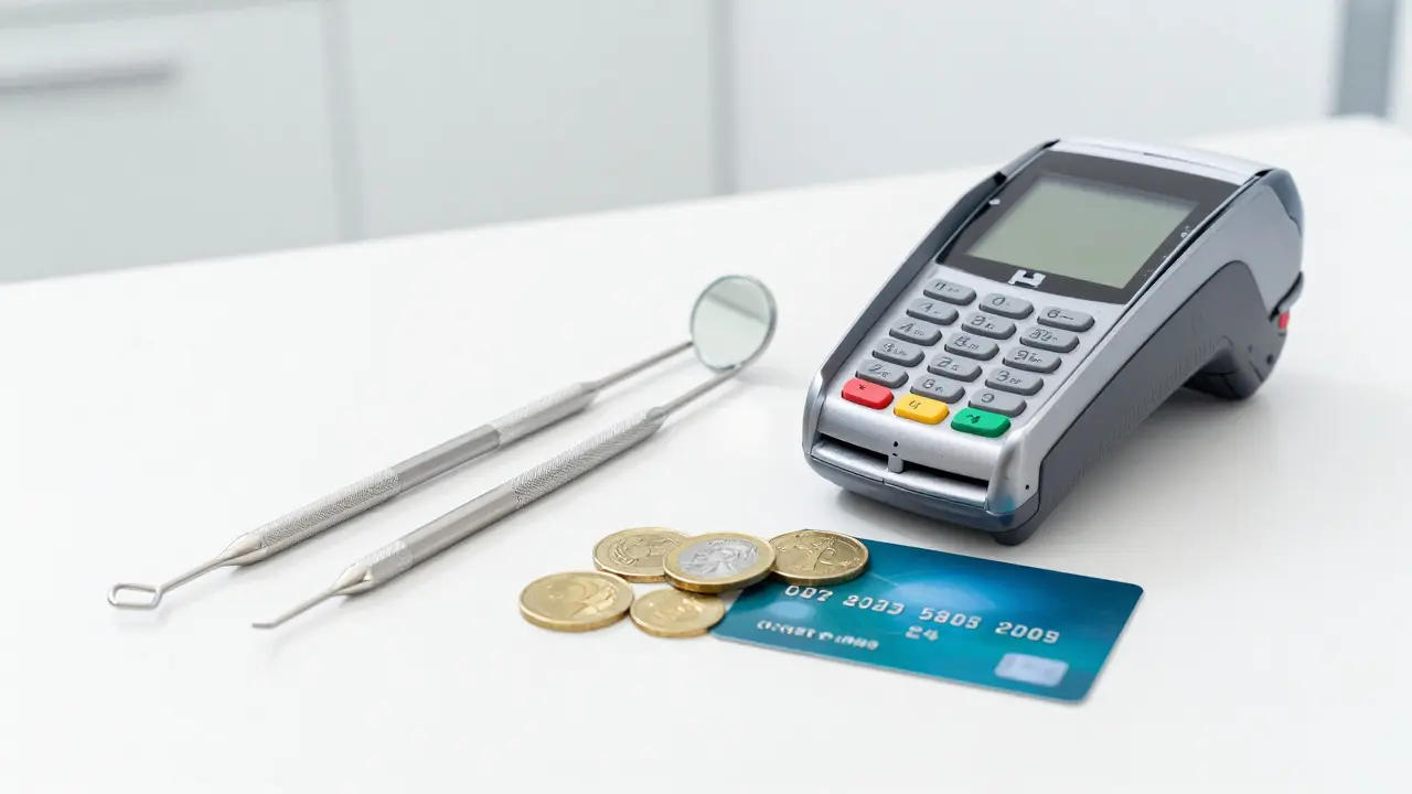 Zubní nástroje vedle platební karty a mincí na bílém stole.