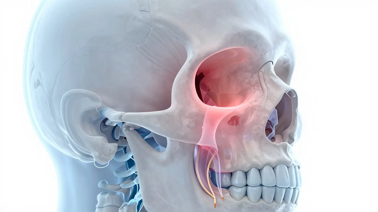 Anatomie dutin a kořenů zubů ukazující zánět