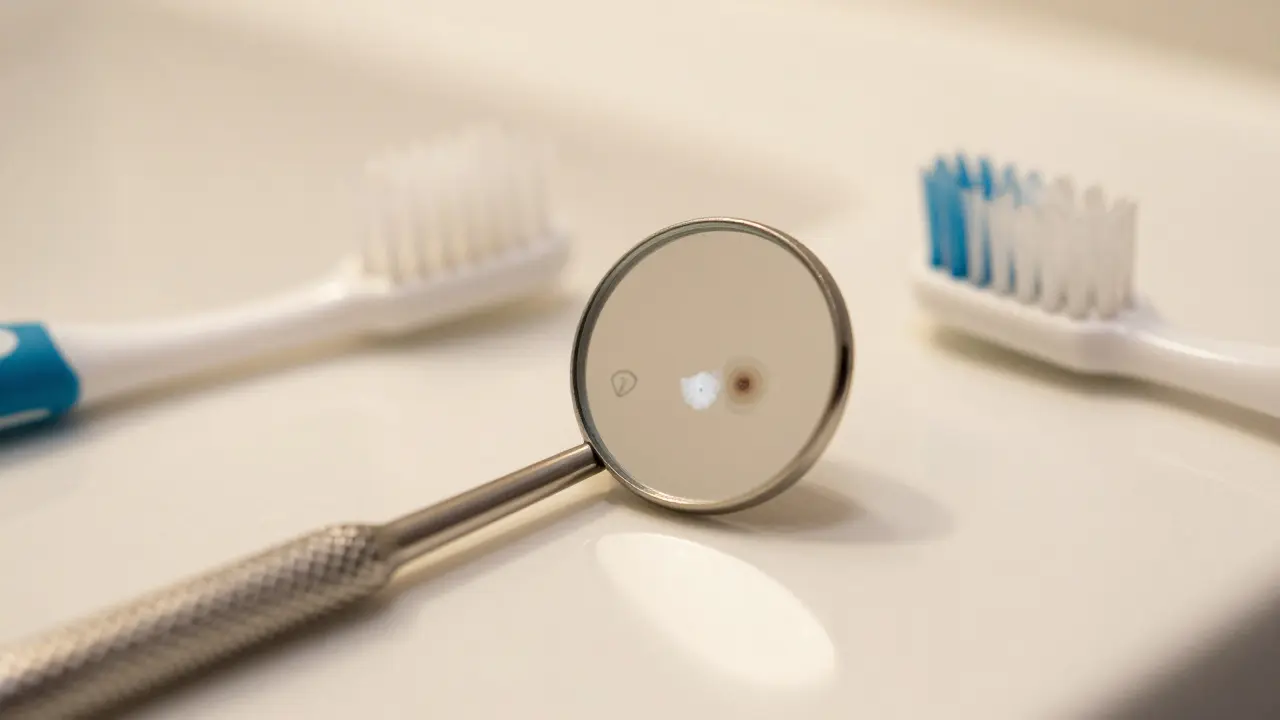 Dentální zrcátko na umyvadle s odrazem zubních problémů